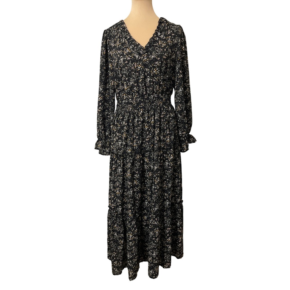 Floral Tiered Maxi Dress Size L Black Cottagecore Boho Prairie Whimsigot Casual